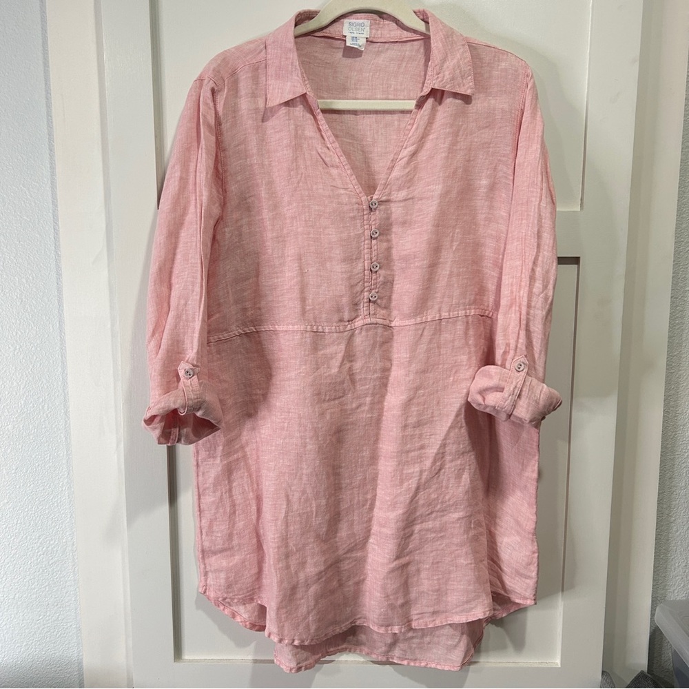 Sigrid‎ Olsen Pink Linen V-Neck Roll Sleeve Shirt Tunic Medium